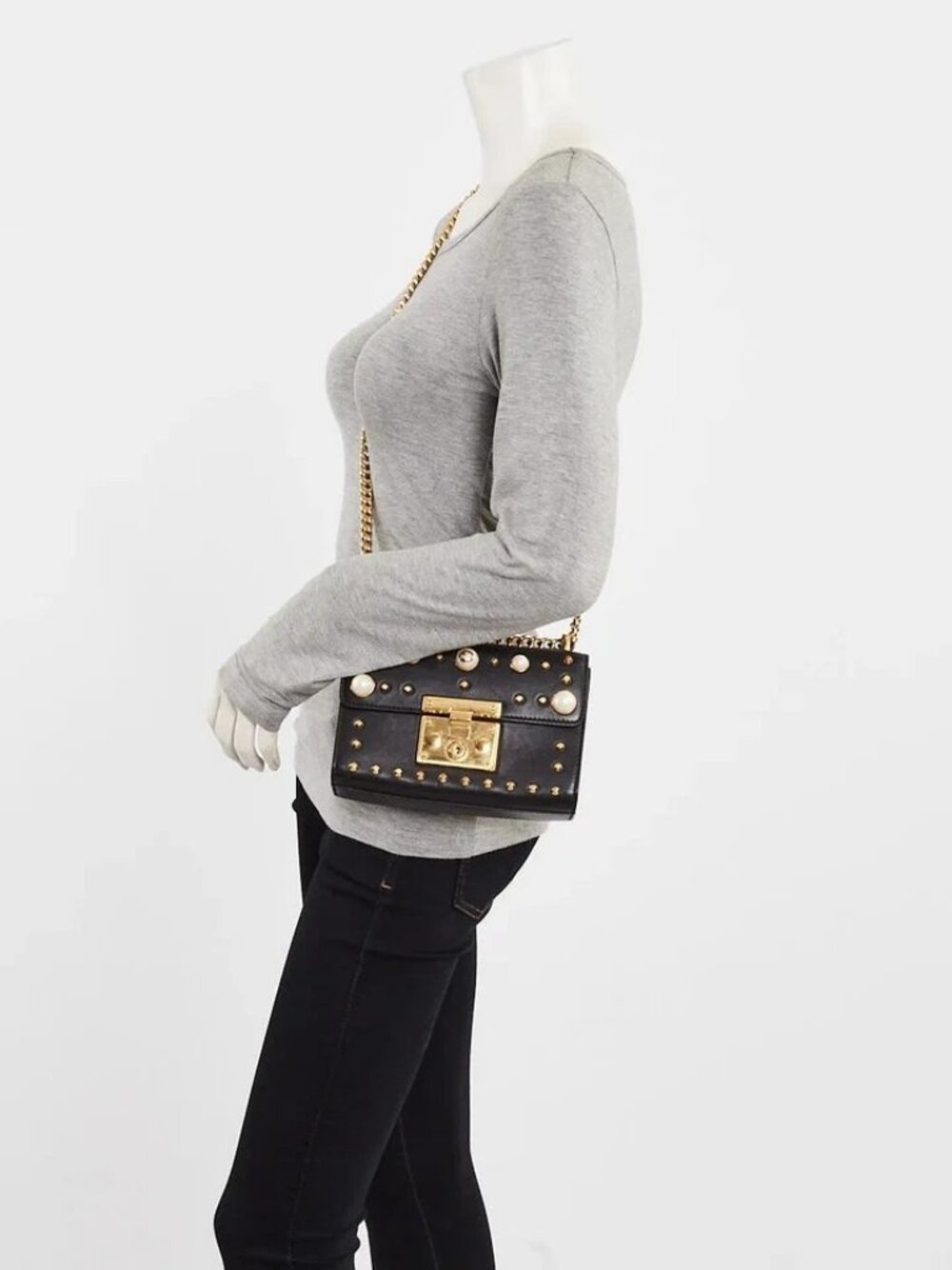 Gucci Black Leather Faux Pearl Stud Padlock Small Shoulder Bag